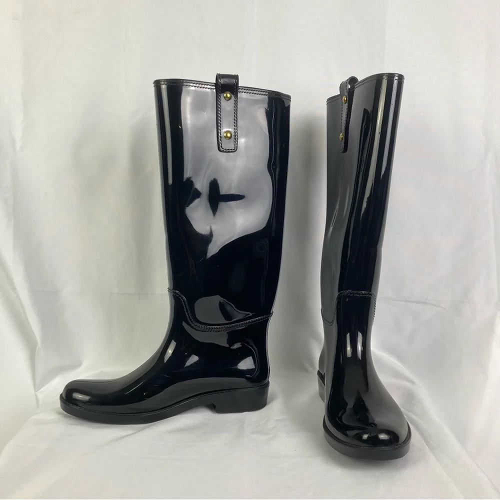Coach Tasha Signature Gold Buckle Rain Boots Size 7 Patent Black Tall EUC - Picture 4 of 12